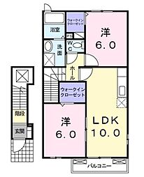 JR福塩線 高木駅 徒歩15分の賃貸アパート 2階2LDKの間取り