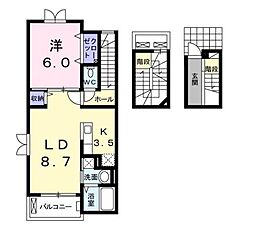 JR山陽本線 東福山駅 バス30分 卸町下車 徒歩4分の賃貸アパート 3階1LDKの間取り