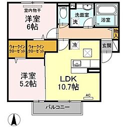 JR福塩線 横尾駅 徒歩21分の賃貸アパート 1階2LDKの間取り