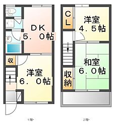 JR福塩線 駅家駅 徒歩5分の賃貸テラスハウス 2階3Kの間取り