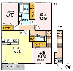 JR山陽本線 福山駅 徒歩37分の賃貸アパート 2階3LDKの間取り