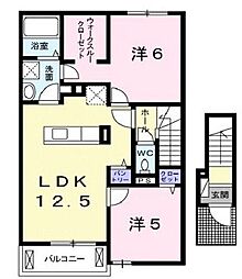 JR山陽本線 東福山駅 バス20分 曙公園入口下車 徒歩4分の賃貸アパート 2階2LDKの間取り
