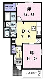 JR福塩線 新市駅 徒歩10分の賃貸アパート 1階2DKの間取り