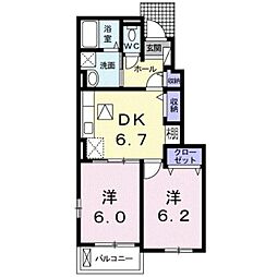 JR福塩線 新市駅 徒歩10分の賃貸アパート 1階2DKの間取り