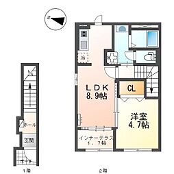 福山市日吉台3丁目アパート 1LDKの間取図画像