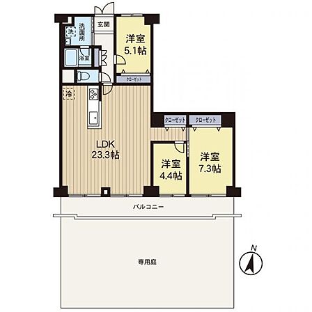 【間取図】23.3帖のLDKと洋室3室を配したプラン、収納充実、53平米の専用庭付き、利便性と開放感を与えてくれるリフォームマンションです。