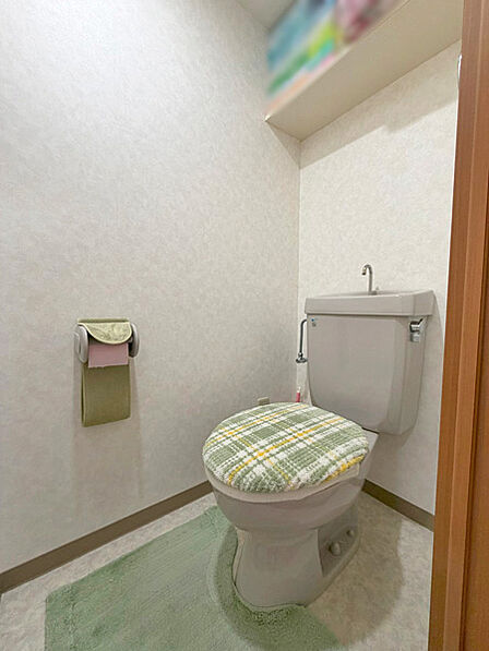 洗剤やトイレットペーパーのストックなどもしまっておける棚付きです