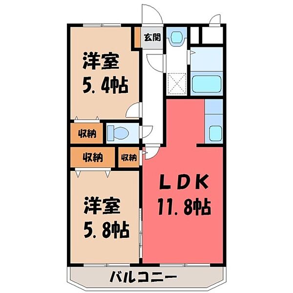 ユーミークレイン ｜栃木県宇都宮市鶴田町(賃貸マンション2LDK・2階・53.98㎡)の写真 その2