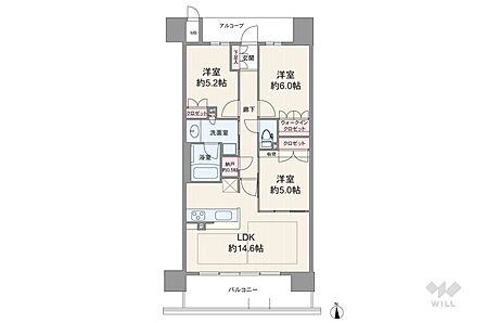 間取りは専有面積70.06平米の3LDK。バルコニー面積は11.16平米です。南向きの横長リビングプラン!5帖洋室はLDKと繋げて使うことも可能!全居室収納有!