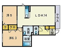 オーク学研都市駅南A 2LDKの間取図画像