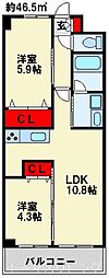 北九州都市モノレール小倉線 城野駅 徒歩8分の賃貸マンション 3階2LDKの間取り