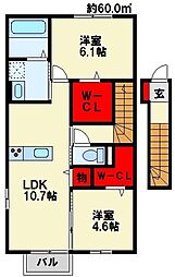 ヴェルジェ深田5 2LDKの間取図画像