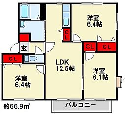 グローヴ・たかのC 3LDKの間取図画像