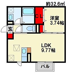 ハイヒルズ城野 1LDKの間取図画像