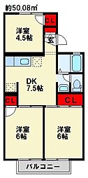 ボンセジュール企救丘B 3DKの間取図画像