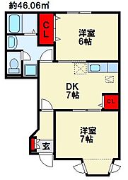 エスポワール寺畔A 2DKの間取図画像