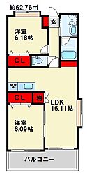 グラシューズエール 2LDKの間取図画像