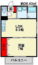トレゾア湯川新町B棟 1LDKの間取図画像