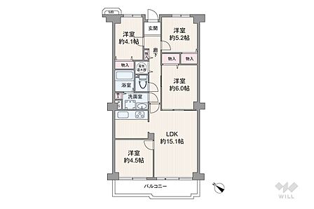 間取りは専有面積81.5平米の4LDK。LDK約15.1帖の縦長リビングのプラン。バルコニー面積は8.44平米です。