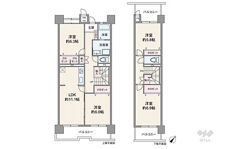 間取りは専有面積99.69平米の4LDK。LDK約11.1帖のメゾネットのプラン。複数方向に採光部があり、バルコニー面積は20.24平米です。