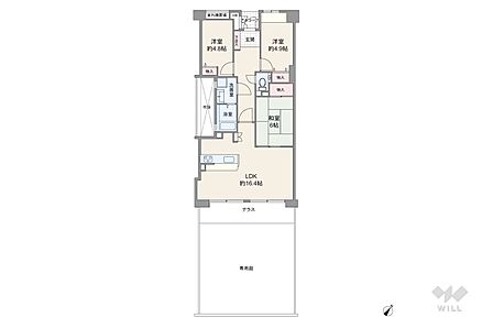 間取りは専有面積73.55平米の3LDK。専用庭付き、LDK約16.4帖の横長リビングのプラン。バルコニー面積は9.56平米です。