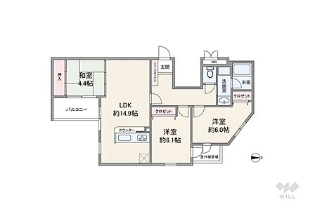 間取りは専有面積72.85平米の3LDK。共用廊下に面した居室が無いセンターインのプラン。洋室は二面採光。キッチン横にも窓があります。