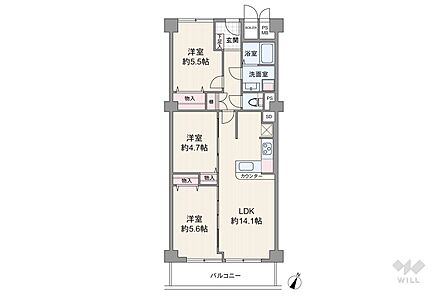 間取りは専有面積68.75平米の3LDK。LDK約14.1帖の縦長リビングのプラン。バルコニー面積は6.6平米です。