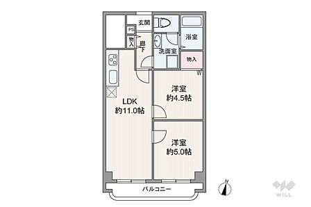 間取りは専有面積49.50平米の2LDK。コンパクトなサイズのマンションで、単身者にもお勧めです。