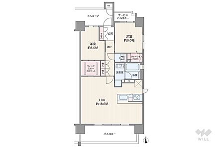 間取りは専有面積67.08平米の2LDK。連窓サッシで開口部が広く開放感のある横長リビングのプラン。料理中に換気がしやすいよう、キッチンに窓が設けられています。