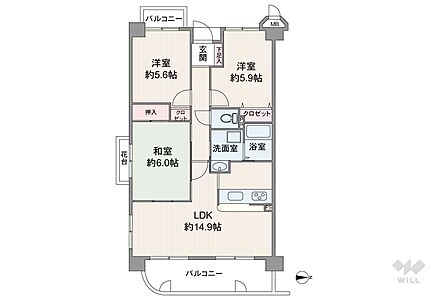 間取図専有面積67.96平米の3LDKの間取り。角部屋で、眺望・採光に優れたお部屋です。東・南・西に窓が設置されており、1日を通して明るく快適にお過ごしいただけます。
