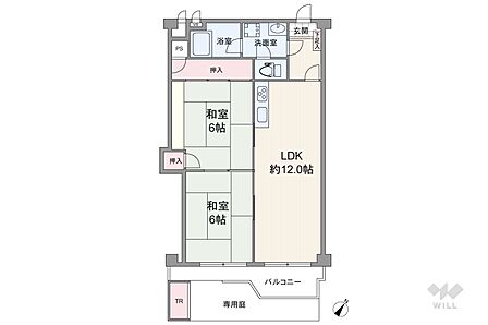間取りは専有面積51.12平米の2LDK。LDKと和室2部屋がガーデニングが楽しめる専用庭には、トランクルーム付き。バルコニー面積は5.20平米です。