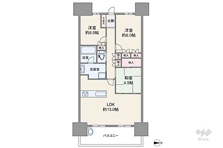 間取りは専有面積66.73平米の3LDK。LDK約15.2帖の横長リビングのプラン。LDKに面したバルコニーは12.40平米あり、便利なスロップシンク付きです。各個室と廊下に収納が設けられています。