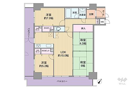 間取りは専有面積81.8平米の4LDK。バルコニー面積は26.82平米です。