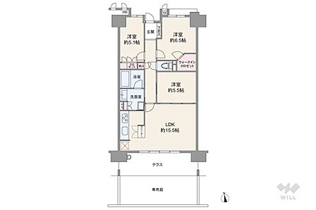 間取りは専有面積73.37平米の3LDK。専用庭付き、LDK約15.5帖の横長リビングのプラン。テラス面積は12.35平米です。