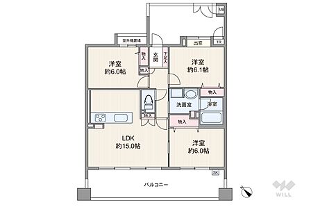 間取りは専有面積72.40平米の3LDK。LDK約15.0帖のプラン。バルコニー面積は18.0平米（概算）です。
