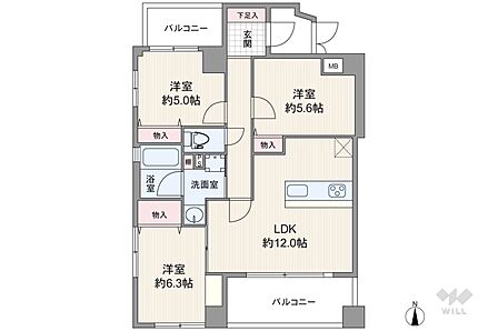 間取りは専有面積68.95平米の3LDK。LDK約12.0帖の縦長リビングのプラン。複数方向に採光部があり、バルコニー面積は11.87平米です。