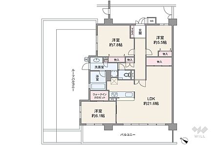 間取りは専有面積93.91平米の3LDK。ルーフバルコニー付き、LDK約21.6帖のプラン。複数方向に採光部があり、バルコニー面積は19.6平米です。