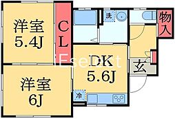 レジデンス仁戸名 2DKの間取図画像