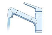 スタイリッシュな、浄水器一体型水栓です。水栓にシャワーホースと浄水器を内蔵し、カルキ臭など軽減。シャワーヘッドを引き出すことで、広いシンクのお手入れもラクラク！