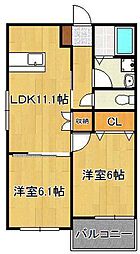 フルーリジェール緑ヶ丘 2LDKの間取図画像