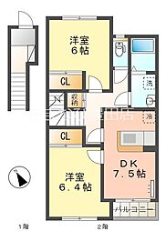 ヒルズ春木 2階2DKの間取り