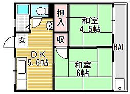 若葉ハイツ 2階2DKの間取り