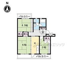 JR湖西線 小野駅 徒歩6分の賃貸マンション 4階3Kの間取り