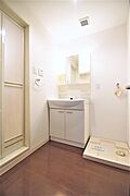 洗面所にはシャワー付き洗面化粧台・洗濯機置き場があります。防水パンは備え付けです