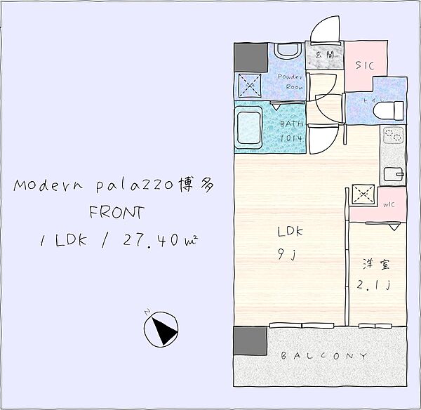Modern palazzo博多FRONT 505｜福岡県福岡市博多区住吉5丁目(賃貸マンション1LDK・5階・27.40㎡)の写真 その2