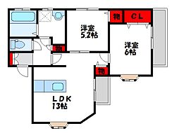 パークアベニュー東高倉 2階2LDKの間取り