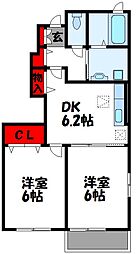 サンアルグレアB棟 2DKの間取図画像