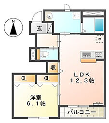 クレッセント若林A 1LDKの間取図画像