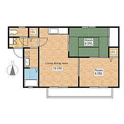 JR北陸本線 長浜駅 徒歩25分の賃貸アパート 2階2LDKの間取り