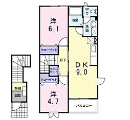 メゾン・リヴァーサイド 2階2DKの間取り